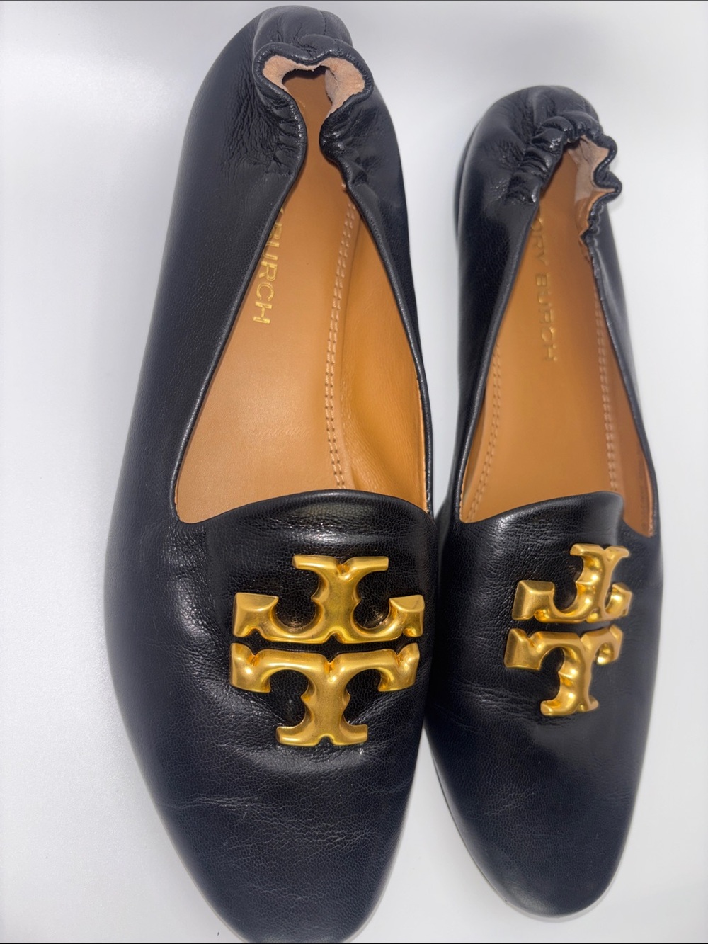 Tory Burch Black Leather Slip-On Loafers with Gold Logo - Picture 4 of 12